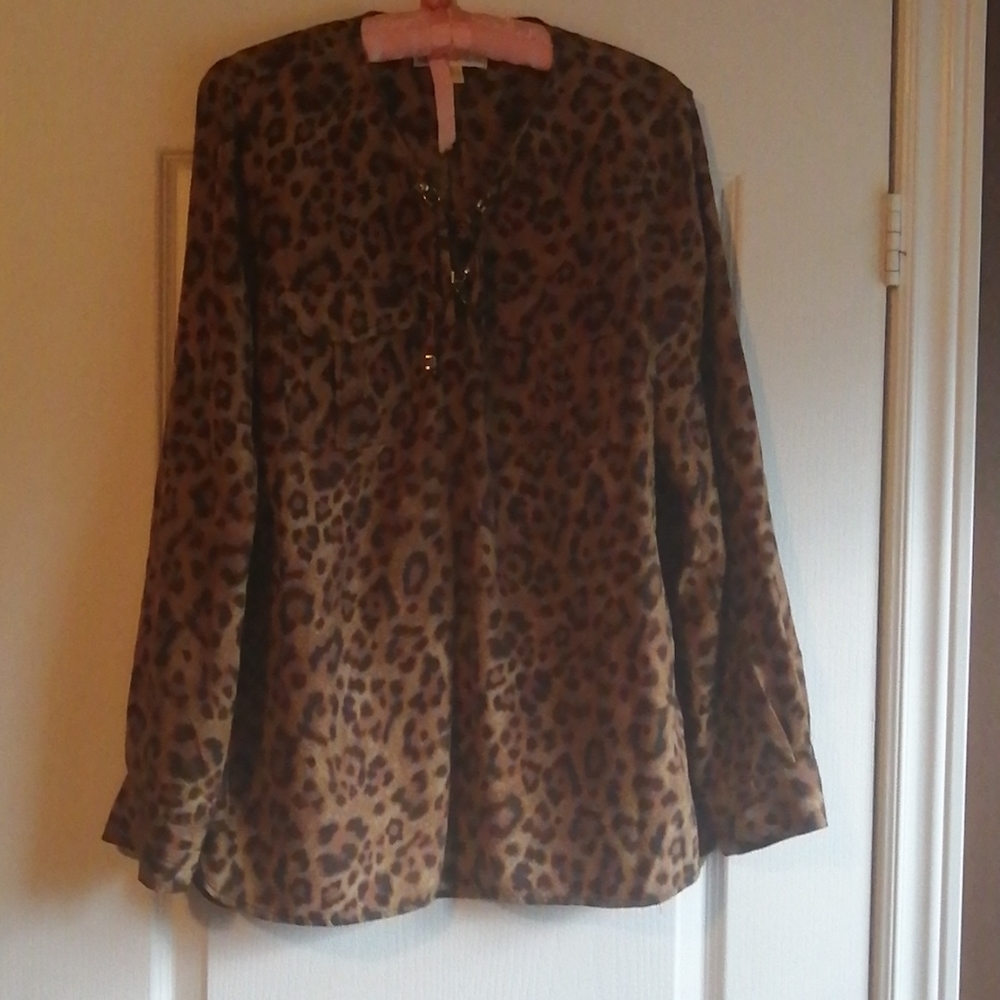 Michael Kors Brown Leopard Print Long Sleeve Blouse